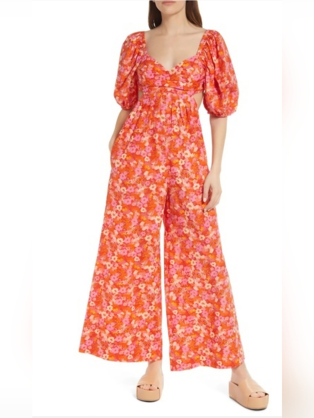 Free People Sasha Floral Puff Sleeve Cutout Wide Leg Jumpsuit Orange Pink L